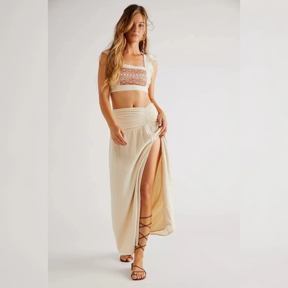 Free People County Line Set Crop Top And Maxi Skirt Creme Women's Size Large